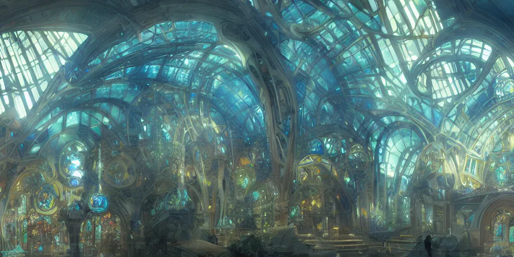 Image similar to a futuristic cathedral underwater, photorealistic, people, fishes, light rays from above the surface, realistic paint, specular light, high contrast, highly detailed, 4k, shallow depth of field, cinematic light, concept art, artstation, art by Enrich Victor, Alphonse Mucha