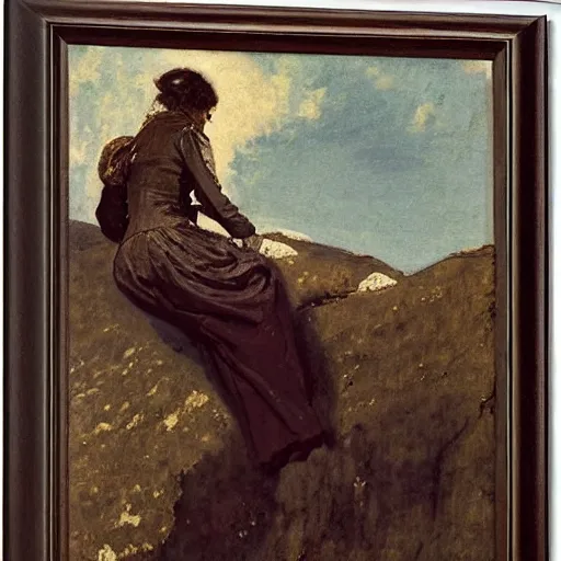 Image similar to woman in torn clothes climbing a mountain by alfred stevens