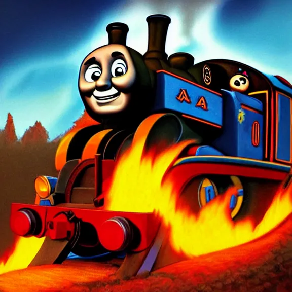 Prompt: gamma ray album cover featuring photo of thomas the tank engine on fire, power metal album cover, trending on artstation, intricately detailed, highly detailed, classic, award winning