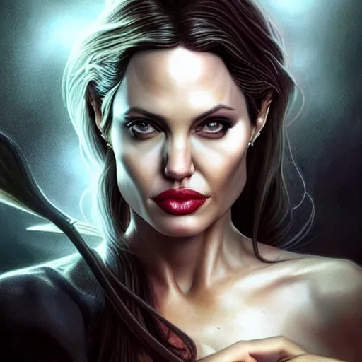 Image similar to Angelina Jolie as Lucifer Morningstar, highly detailed, digital painting, artstation, concept art, smooth, sharp focus, illustration, ArtStation, art by Katsuhiro Otomo and Tom Bagshaw