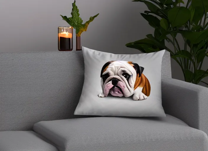 Prompt: a closup, 4 5 mm, portrait of a sleeping english bulldog on a pillow in a bed, candle light, 4 5 mm, by franz lanting