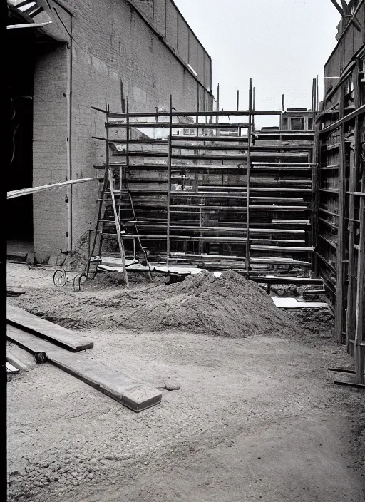 Image similar to a beautiful realistic photo of the construction site, storage outside, street 1 9 9 0, life magazine reportage photo