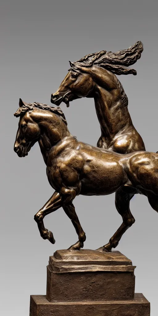 Image similar to detailed photo of an old bronze patina statue of a horse, various pose, photorealism, intricate detail, museum diffuse lighting
