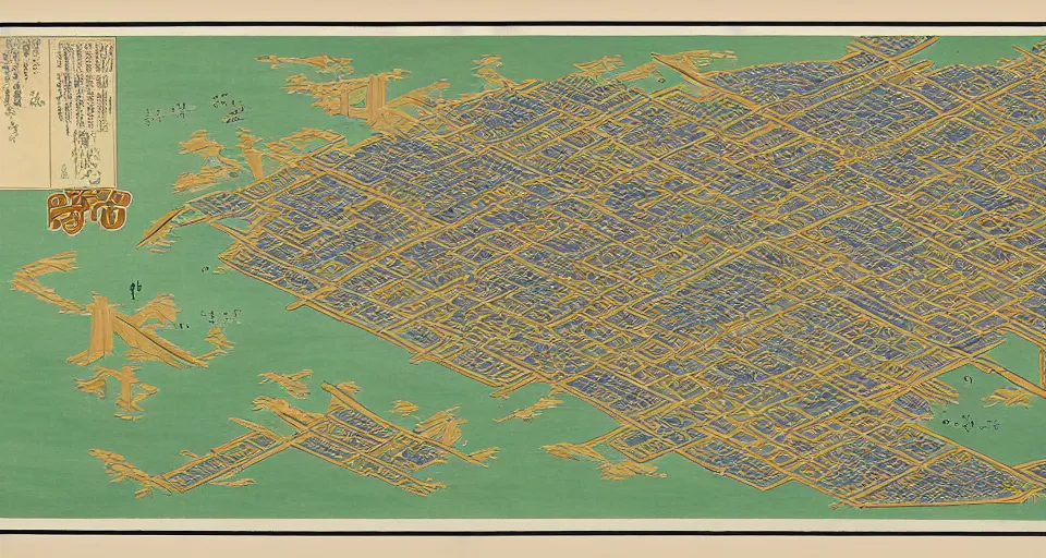 Image similar to 3 d isometric information map of a city island. time series charts, pie plots and other modern graphics. diego rivera ( ukiyo - e influence ). botanical illustration. hyperdetailed.