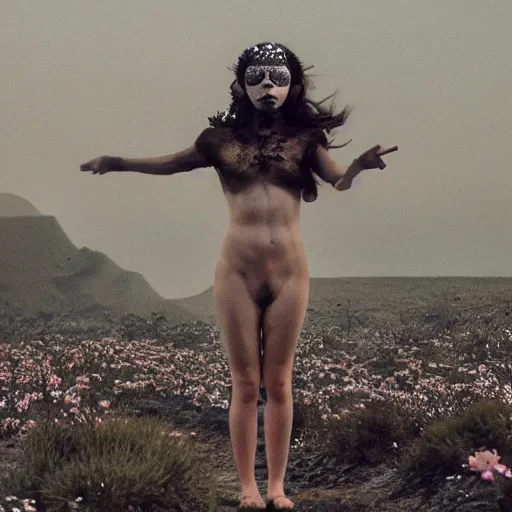 Image similar to The full body shot of beautiful pale woman on fire, with many flowers and full-face silver mask with, a thick black smoke in rocky desert landscape, landscape background, many reflection eyes, falling star on the background, dry earth by Christopher Doyle, Gaspar Noe, Tarkovsky, Alejandro Jodorowsky, anamorphic lens, cinematic composition, award winning photo, 8k