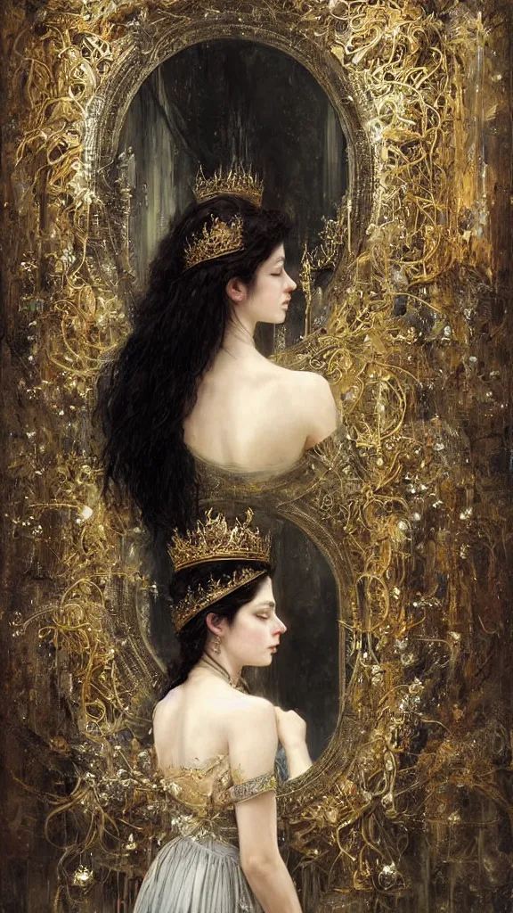 Image similar to secret view from behind wide mirror of a beautiful black haired woman with pale skin and a crown on her head sitted on an intricate metal throne, very deep stillness atmosphere, silence, dimension of still moment, spiritual feeling, digital art, by daniel ridgway knight