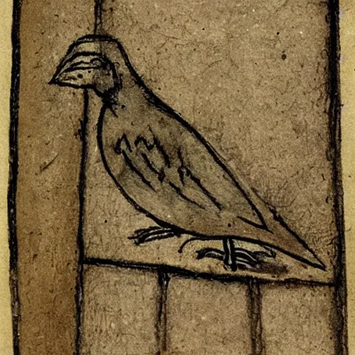 Image similar to medieval sketch of an exhausted anthropomorphic bird resting