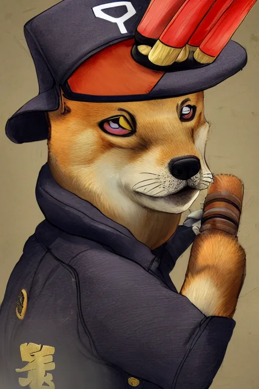 Prompt: shiba inu holding a baseball bat, wearing a police uniform, wearing a japanese traditional hat, character design, highly detailed digital art, atmosphere, cinematic lightning, hyperrealistic, focused, extreme details, 4 k, ultra detailed, trending on artstation, masterpiece