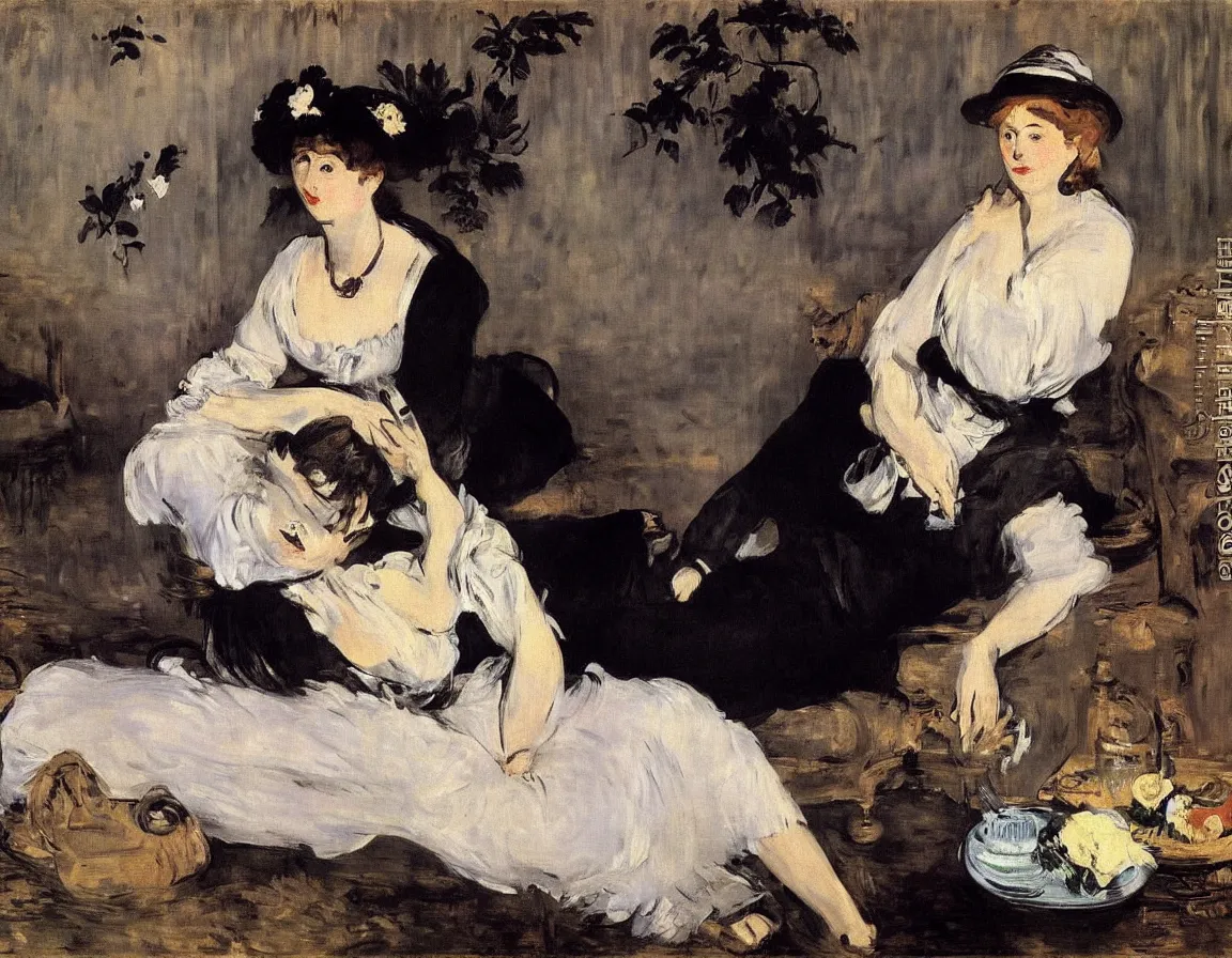 Image similar to edouard manet. marie is alone.