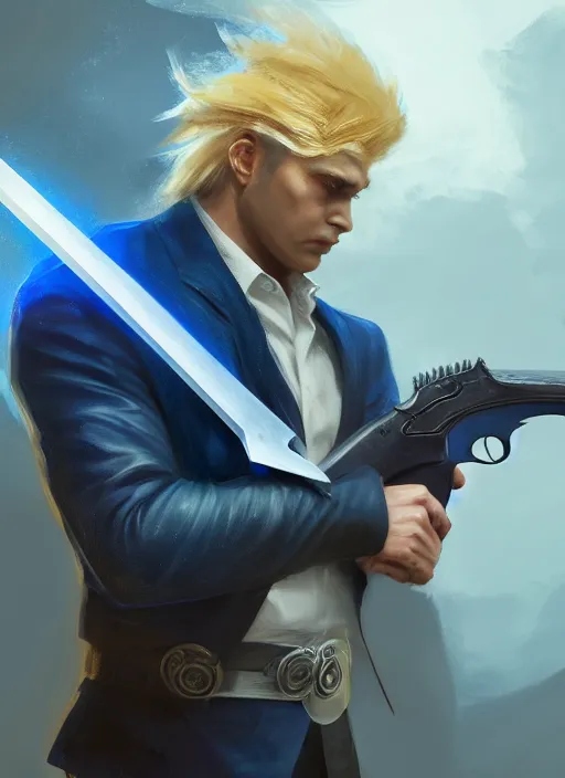 Image similar to side profile of a man with blonde hair in a blue suit wielding a large sword and a gun in a holster, fantasy, digital painting, volumetric light, intricate, sharp, focus, bloom, illustration, highly detailed, concept art, matte, ruan jia, randy vargas, greg rutkowski