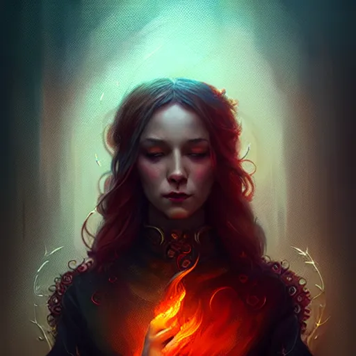 Image similar to Magician, female, fantasy, flames, rain, intricate, elegant, highly detailed, digital painting, artstation, concept art, smooth, sharp focus, illustration, octane render, art by Leesha Hannigan, Ross Tran, Thierry Doizon, Kai Carpenter, Ignacio Fernández Ríos