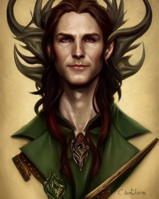 Prompt: a detailed matte oil on canvas head on symmetrical portrait of a handsome elven man grinning, with long red hair, green eyes, and an eye patch, art by charlie bowater and lise deharme wlop, trending on artstationhd, dungeons and dragons art critical role