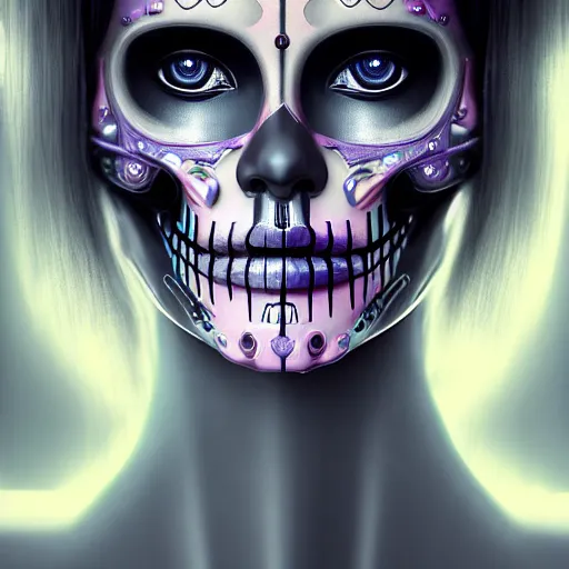 Image similar to ultra detailed, portrait of Female Android, dia de los muertos, scifi, cyberpunk, fantasy, intricate details, eerie, movie still, airbrush, matte painting, professional digital painting, artstation, concept art, smooth, sharp focus, no blur, no dof, extreme illustration, Unreal Engine 5, Photorealism, HD quality, 8k resolution, cinema 4d, 3D, beautiful, cinematic, art by artgerm and Godmachine and michael welan and DZO and greg rutkowski and alphonse mucha and loish and WLOP