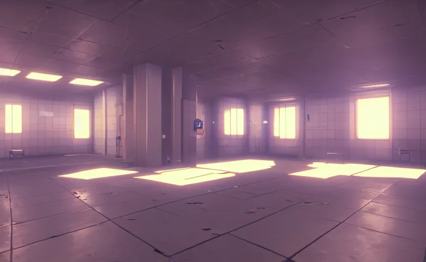 Prompt: screenshot of a game on unreal engine 5, narrow modern laboratory halls, photorealistic, liminal, retrofuturism, minimalism, soft vintage glow