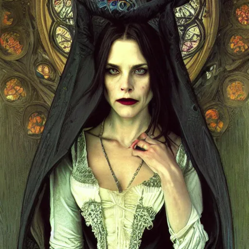 Image similar to portrait of a lady vampire, 35mm, victorian, depth of field, ominous, sharp, highly detailed, photorealistic, realistic, unreal 5, high definition, 8k, deviantart, donato giancola, irwin penn, Alphonse Mucha