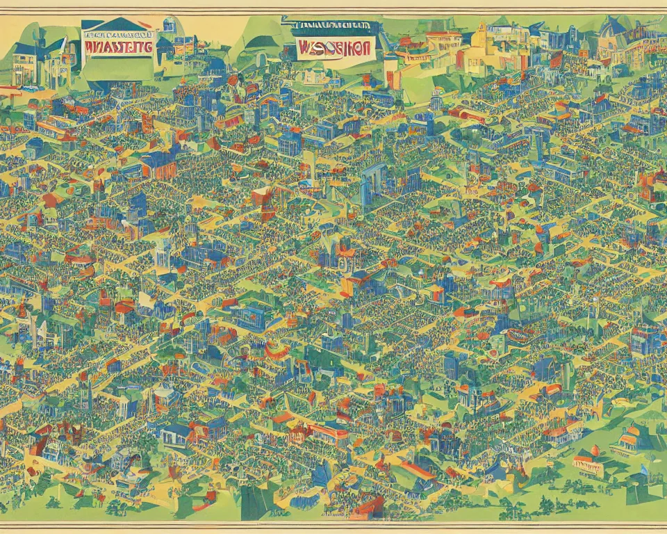 Prompt: theme park style isometric map of Washington, D.C. by Hasui Kawase and Lyonel Feininger