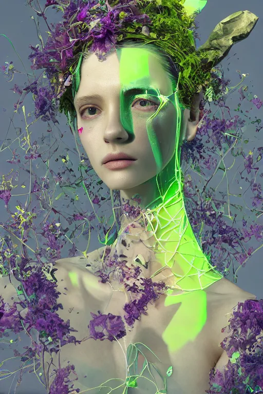 Prompt: nonbinary model, subject made of reflective glass, vine headdress, moss patches, 2 0 mm, with pastel yellow and green dodecahedrons bursting out, melting into leafeon, delicate, beautiful, intricate, houdini sidefx, by jeremy mann and ilya kuvshinov, jamie hewlett and ayami kojima, bold 3 d
