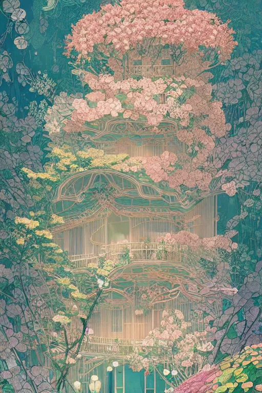 Image similar to a beautiful hyperdetailed matte illustration victo ngai style of absolutely beautiful blooming flower house, from china, perfectly shaded, atmospheric lighting, style of studio ghibli, makoto shinkai, raphael lacoste, louis comfort tiffany, artgerm, james jean, ross tran, chinese style