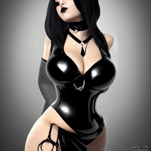 Prompt: curvy feminine goth woman with dignified elaborate tight black-silver nylon and latex gown, black choker necklace, inviting posture, photorealistic, cgsociety, sublime, 16k, smooth, sharp focus, ArtStation, hyperdetailed, volumetric lighting