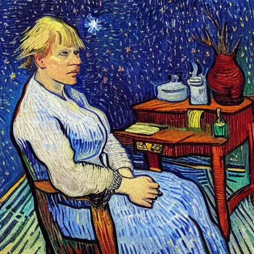 Image similar to detailed portrait of boris johnson as an 1890s peasant milkmaid sitting in her bedroom on a starry night painted by van gogh