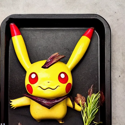 Image similar to roasted spatch pikachu in a baking tray with rosemary and thyme, cooking oil, steam, charred, ready to eat, electric sparks