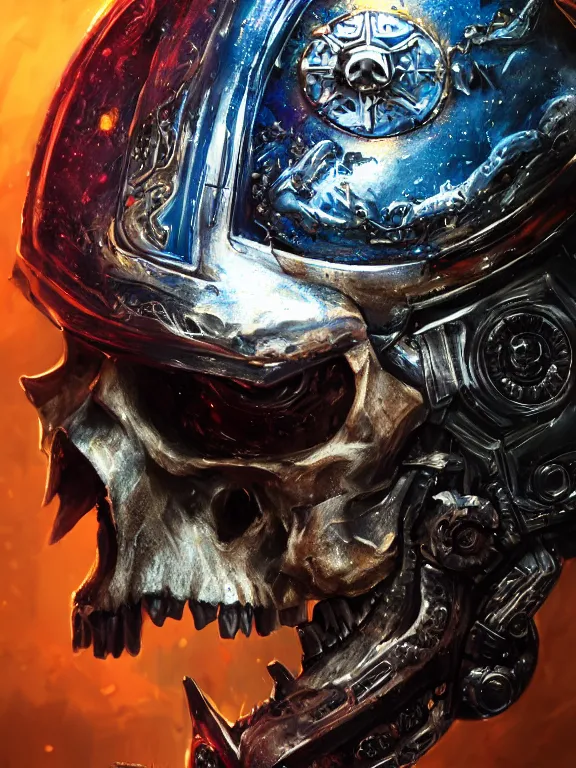 Prompt: portrait art of 8k ultra realistic space marine skull , ornate intricate smashed galaxy helmet , detailed intricate ornate armour,blade runner, cybernetic, full of colour, cinematic lighting, battered, trending on artstation, 4k, hyperrealistic, focused, extreme details,unreal engine 5, cinematic, masterpiece, art by ayami kojima, giger