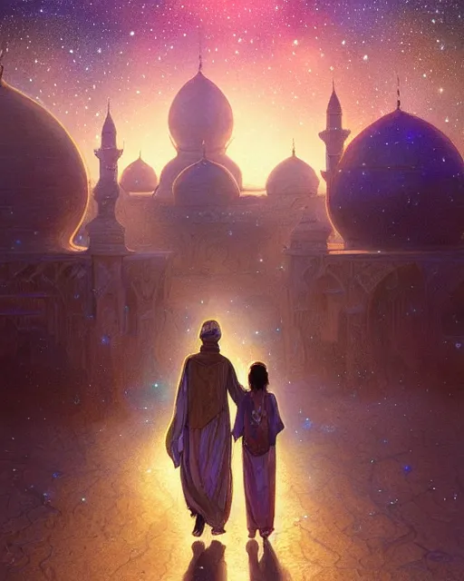 Image similar to bedouin man and woman and child in galaxy walking towards mosque surrounded by nebula, highly detailed, gold filigree, romantic storybook fantasy, soft cinematic lighting, award, disney concept art watercolor illustration by mandy jurgens and alphonse mucha and alena aenami, pastel color palette, featured on artstation