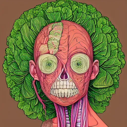 Image similar to the anatomy of a head of lettuce that looks like a pretty and handsome girl, an ultrafine detailed painting by james jean, intricate linework, bright colors, studio ghibli, behance contest winner, vanitas, angular, altermodern, unreal engine