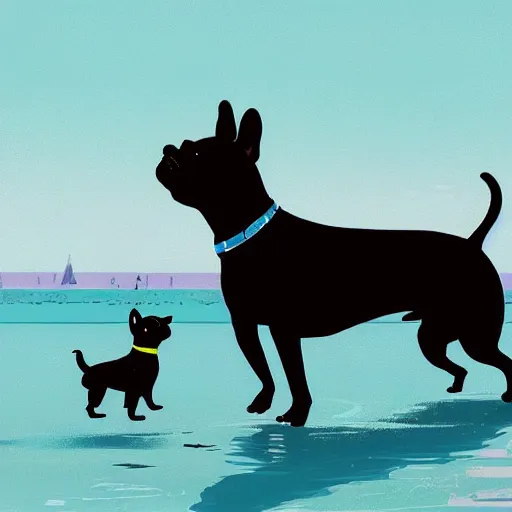 Prompt: black french bulldog playing on the water of the beach by pascale campion