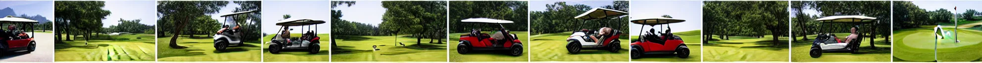 Image similar to 8 consistent frames from a video of a man driving golf cart on a golf course