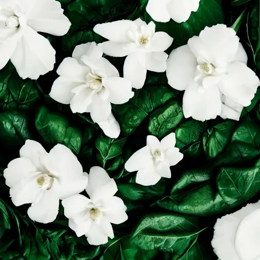 Image similar to centered white perfume bottle lying in a dark bed of leafy - greens and white flowers, illumination lighting, sharp focus, vogue