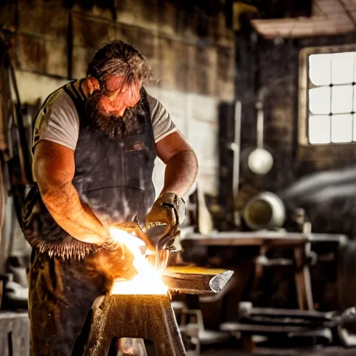 Image similar to A blacksmith working at his anvil in a dark, smoke-filled workshop, 100mm lens, very detailed, no blur, sharp focus, realistic