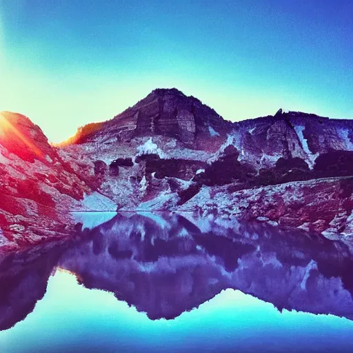 Image similar to sunset above blue lake, beautiful landscape, high detail, instagram photo, professional dslr photo, creative composition, beautiful composition