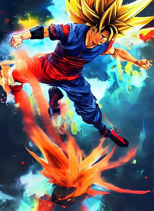 Image similar to semi reallistic gouache gesture painting, by yoshitaka amano, by ruan jia, by Conrad roset, by dofus online artists, detailed anime 3d render of neymar as goku, Neymar soccer player transformed on Super Saiyan, Neymar jr, portrait, cgsociety, artstation, rococo mechanical, Digital reality, sf5 ink style, dieselpunk atmosphere, gesture drawn