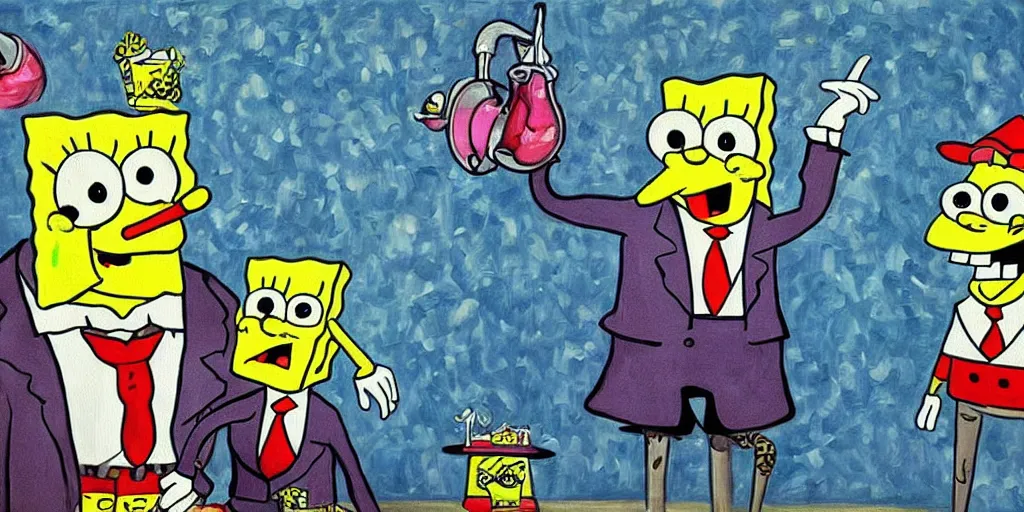 Image similar to a high detailed painting of a spongebob and patrick dressed in expensive and fancy designer clothes at a party in a luxurious hotel in new york ,surrealism, magical realism bizarre art