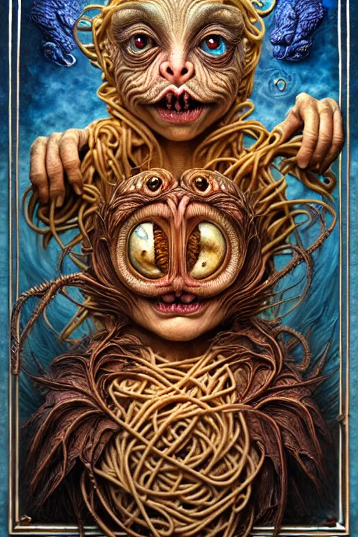 Image similar to A beautiful detailed grotesque creature made of pasta super cute tarot card, by tomasz alen kopera and Justin Gerard, symmetrical features, ominous, magical realism, texture, intricate, ornate, royally decorated, whirling smoke, embers, red adornements, blue torn fabric, radiant colors, fantasy, trending on artstation, volumetric lighting, micro details, 3d sculpture, ray tracing, 8k, anaglyph effect, digital art