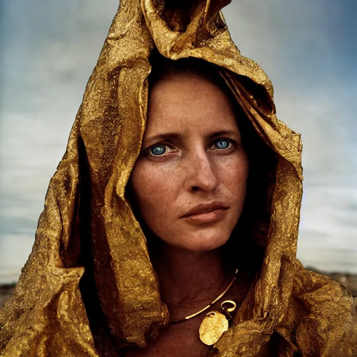 Prompt: closeup portrait of a woman wearing a cloak made of gold, standing in a landfill, by Annie Leibovitz and Steve McCurry, natural light, detailed face, CANON Eos C300, ƒ1.8, 35mm, 8K, medium-format print