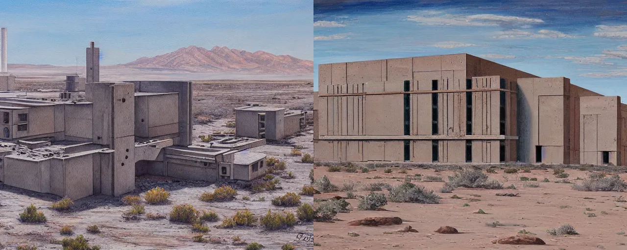 Prompt: a highly detailed painting by eugena fotinos of a mysterious government science lab in the middle of the great basin desert. it was built to research super powers and has sat abandoned since the mid - 1 9 7 0 s. brutalist architecture.