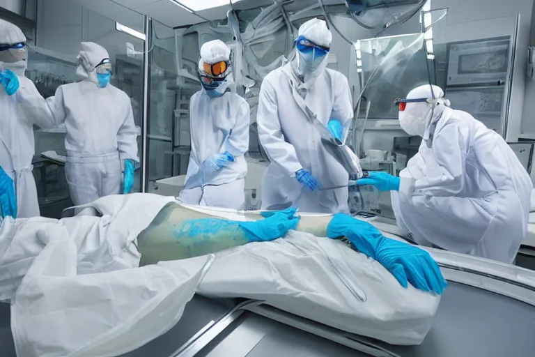 Image similar to alien species autopsy in a cleanroom covered in alien diagrams