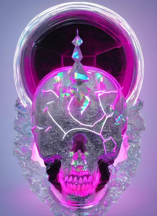 Image similar to photo of fullbodied baroque and bladerunner delicate neon diamond sculpture of seductive onyx albino marble prince kai harvatz dotado pink iridescent skull psychedelic, reclining, glowing magenta face, crown of white diamonds, cinematic lighting, photorealistic, octane render 8 k depth of field 3 d