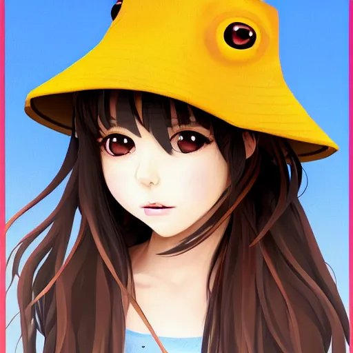 Image similar to portrait of cute anime girl with long brown hair with a frog bucket hat, digital art