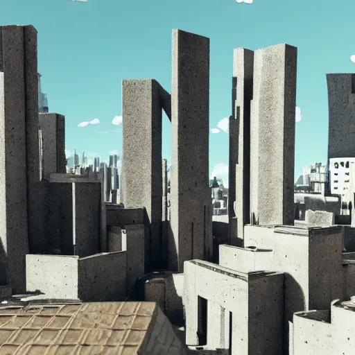 Prompt: brutalist city with sharp edges and (concrete) walls and busy streets, highly detailed, sky shot, in the bright day, in the far future.