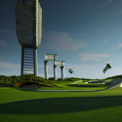 Image similar to futuristic golf track, details, 8k, day light