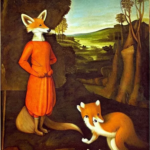 Prompt: an anthropomorphic Fox explores a Dungeon, Renaissance Painting