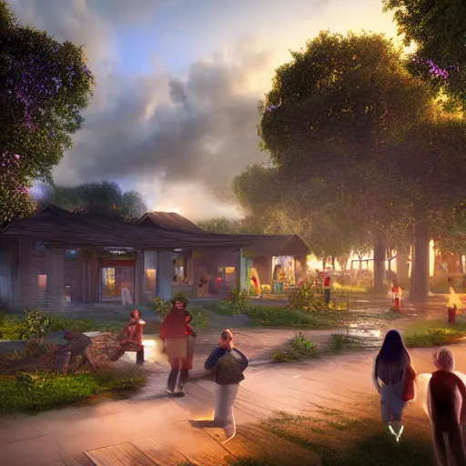 Image similar to a very realistic digital art rendering and concept design of a modern village, with magnificent volumetric lighting, three dimensions, a digitally transformed environment, ui design, 3d modeling, illustration, and transport design