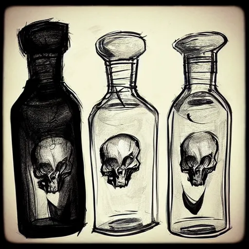 Prompt: a bottle that contains a potion, shaped like a fox skull stoppered. digital charcoal sketch. prop design. # digitalsketch # monochrome # sketch # ink # characterdesign # dndcharacter # charactersketch # characterconcept # conceptart