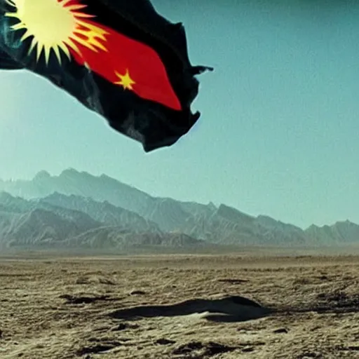 Prompt: kurdish astronaut holding a iraqi kurdistan flag in a movie directed by christopher nolan, movie still frame, promotional image, imax 7 0 mm footage