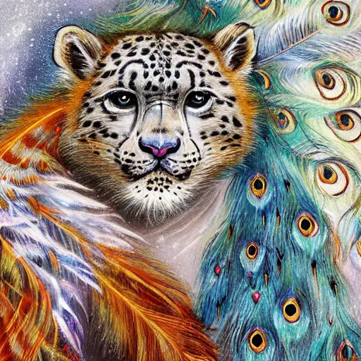 Prompt: beautiful white snow leopard with long flowing fur and tail made of peacock feathers detailed painting in the style of josephine wall 4 k - n 6
