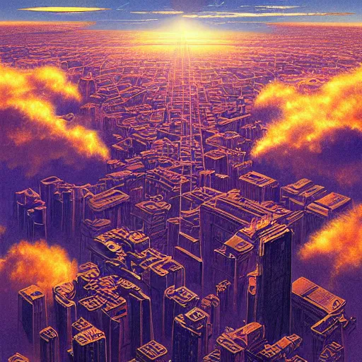 Image similar to the golden city of the gods in the clouds by killian eng and moebius