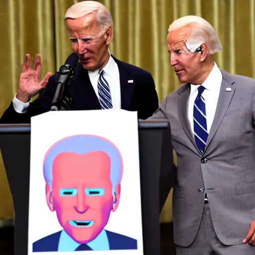 Image similar to alien wearing a wig and a dress and Joe Biden at a press conference, photograph, highly detailed, 4K